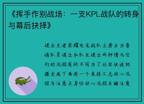 《挥手作别战场：一支KPL战队的转身与幕后抉择》