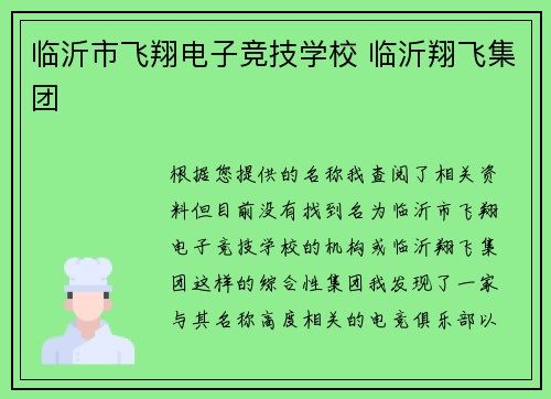临沂市飞翔电子竞技学校 临沂翔飞集团